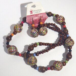 SALE! Charming Charlie Boho Necklace/Earring Set Wood & Silk Wrapped Beads 17"